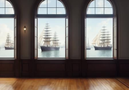 20221221112818-3597170240-award winning photo of a dreary Victorian office, stone building wood paneling, lamp, (harbor outside window) with (sailing ship.png